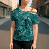 Teal Monstera Cross Shoulder Shirt Polynesian Tribal Pattern LT01 - Polynesian Pride