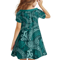 Teal Monstera Family Matching Long Sleeve Bodycon Dress and Hawaiian Shirt Polynesian Tribal Pattern - Polynesian Pride