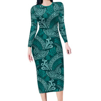 Teal Monstera Family Matching Long Sleeve Bodycon Dress and Hawaiian Shirt Polynesian Tribal Pattern - Polynesian Pride