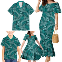 Teal Monstera Family Matching Mermaid Dress and Hawaiian Shirt Polynesian Tribal Pattern - Polynesian Pride