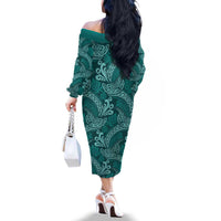Teal Monstera Family Matching Off The Shoulder Long Sleeve Dress and Hawaiian Shirt Polynesian Tribal Pattern LT01 - Polynesian Pride
