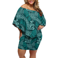 Teal Monstera Family Matching Off Shoulder Short Dress and Hawaiian Shirt Polynesian Tribal Pattern - Polynesian Pride