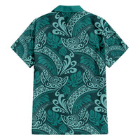 Teal Monstera Family Matching Short Sleeve Bodycon Dress and Hawaiian Shirt Polynesian Tribal Pattern - Polynesian Pride
