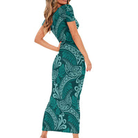 Teal Monstera Family Matching Short Sleeve Bodycon Dress and Hawaiian Shirt Polynesian Tribal Pattern - Polynesian Pride
