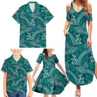 Teal Monstera Family Matching Summer Maxi Dress and Hawaiian Shirt Polynesian Tribal Pattern - Polynesian Pride