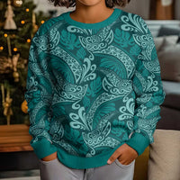 Teal Monstera Kid Ugly Christmas Sweater Polynesian Tribal Pattern LT01 - Polynesian Pride