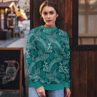 Teal Monstera Ugly Christmas Sweater Polynesian Tribal Pattern - Polynesian Pride