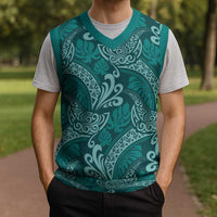 Teal Monstera Christmas Knitted V-Neck Vest Polynesian Tribal Pattern LT01 - Polynesian Pride