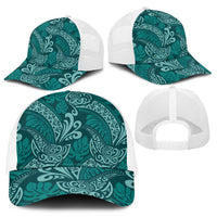 Teal Monstera Mesh Trucker Cap Polynesian Tribal Pattern - Polynesian Pride