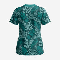 Teal Monstera Scrub Top - Polynesian Tribal Pattern LT01 - Polynesian Pride