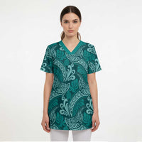 Teal Monstera Scrub Top - Polynesian Tribal Pattern LT01 - Polynesian Pride