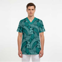 Teal Monstera Scrub Top - Polynesian Tribal Pattern LT01 - Polynesian Pride