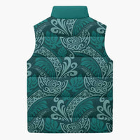 Teal Monstera Sleeveless Puffer Jacket Polynesian Tribal Pattern LT01 - Polynesian Pride