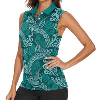 Teal Monstera Women Sleeveless Polo Shirt Polynesian Tribal Pattern LT01 - Polynesian Pride