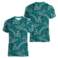 Teal Monstera Women V-Neck T-Shirt Polynesian Tribal Pattern LT01 - Polynesian Pride