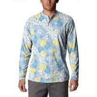 Anthurium Plumeria Lei Pastel Button Sweatshirt Blue Hawaiian Splendid Palaka LT01 - Polynesian Pride