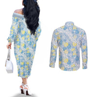 Anthurium Plumeria Lei Pastel Couples Matching Off The Shoulder Long Sleeve Dress and Long Sleeve Button Shirt Blue Hawaiian Splendid Palaka