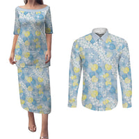 Anthurium Plumeria Lei Pastel Couples Matching Puletasi and Long Sleeve Button Shirt Blue Hawaiian Splendid Palaka LT01 Blue - Polynesian Pride