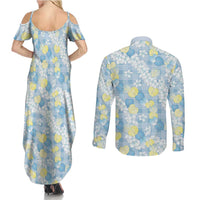 Anthurium Plumeria Lei Pastel Couples Matching Summer Maxi Dress and Long Sleeve Button Shirt Blue Hawaiian Splendid Palaka LT01 - Polynesian Pride