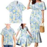 Anthurium Plumeria Lei Pastel Family Matching Mermaid Dress and Hawaiian Shirt Blue Hawaiian Splendid Palaka