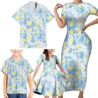 Anthurium Plumeria Lei Pastel Family Matching Short Sleeve Bodycon Dress and Hawaiian Shirt Blue Hawaiian Splendid Palaka