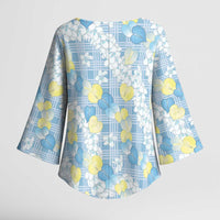 Anthurium Plumeria Lei Pastel Kimono Sleeve Blouse Blue Hawaiian Splendid Palaka LT01 - Polynesian Pride