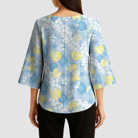 Anthurium Plumeria Lei Pastel Kimono Sleeve Blouse Blue Hawaiian Splendid Palaka LT01 - Polynesian Pride