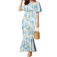 Anthurium Plumeria Lei Pastel Mermaid Dress Blue Hawaiian Splendid Palaka LT01 Women Blue - Polynesian Pride