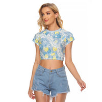 Anthurium Plumeria Lei Pastel Raglan Cropped T Shirt Blue Hawaiian Splendid Palaka LT01 Female Blue - Polynesian Pride