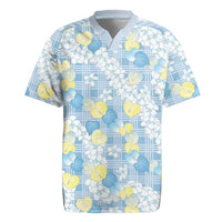 Anthurium Plumeria Lei Pastel Rugby Jersey Blue Hawaiian Splendid Palaka LT01 Blue - Polynesian Pride