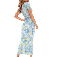 Anthurium Plumeria Lei Pastel Short Sleeve Bodycon Dress Blue Hawaiian Splendid Palaka LT01 - Polynesian Pride
