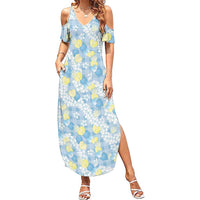 Anthurium Plumeria Lei Pastel Summer Maxi Dress Blue Hawaiian Splendid Palaka LT01 Women Blue - Polynesian Pride