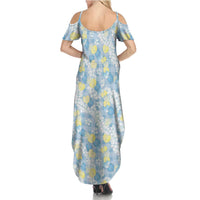 Anthurium Plumeria Lei Pastel Summer Maxi Dress Blue Hawaiian Splendid Palaka LT01 - Polynesian Pride
