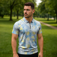 Anthurium Plumeria Lei Pastel Zipper Polo Shirt Blue Hawaiian Splendid Palaka LT01 - Polynesian Pride