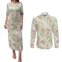 Anthurium Plumeria Lei Pastel Couples Matching Puletasi and Long Sleeve Button Shirt Green Hawaiian Splendid Palaka LT01 Green - Polynesian Pride