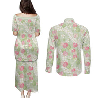 Anthurium Plumeria Lei Pastel Couples Matching Puletasi and Long Sleeve Button Shirt Green Hawaiian Splendid Palaka LT01 - Polynesian Pride