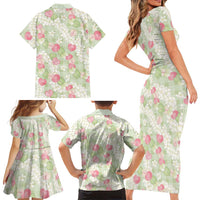 Anthurium Plumeria Lei Pastel Family Matching Short Sleeve Bodycon Dress and Hawaiian Shirt Green Hawaiian Splendid Palaka