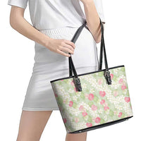 Anthurium Plumeria Lei Pastel Leather Tote Bag Green Hawaiian Splendid Palaka LT01 - Polynesian Pride