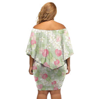 Anthurium Plumeria Lei Pastel Off Shoulder Short Dress Green Hawaiian Splendid Palaka
