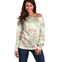 Anthurium Plumeria Lei Pastel Off Shoulder Sweater Green Hawaiian Splendid Palaka LT01 Women Green - Polynesian Pride