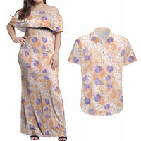 Anthurium Plumeria Lei Pastel Couples Matching Off Shoulder Maxi Dress and Hawaiian Shirt Orange Hawaiian Splendid Palaka