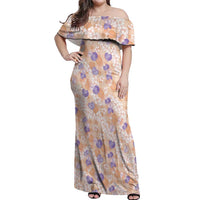 Anthurium Plumeria Lei Pastel Off Shoulder Maxi Dress Orange Hawaiian Splendid Palaka LT01 Women Orange - Polynesian Pride