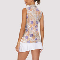 Anthurium Plumeria Lei Pastel Women Sleeveless Polo Shirt Orange Hawaiian Splendid Palaka