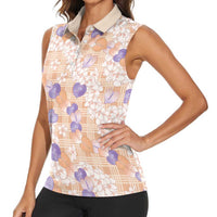 Anthurium Plumeria Lei Pastel Women Sleeveless Polo Shirt Orange Hawaiian Splendid Palaka