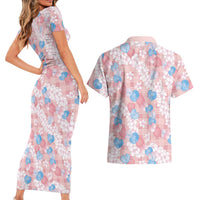 Anthurium Plumeria Lei Pastel Couples Matching Short Sleeve Bodycon Dress and Hawaiian Shirt Pink Hawaiian Splendid Palaka