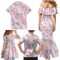 Anthurium Plumeria Lei Pastel Family Matching Mermaid Dress and Hawaiian Shirt Pink Hawaiian Splendid Palaka