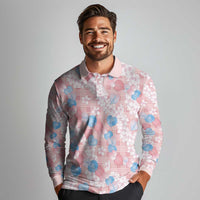 Anthurium Plumeria Lei Pastel Long Sleeve Polo Shirt Pink Hawaiian Splendid Palaka LT01 - Polynesian Pride
