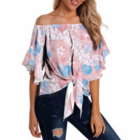 Anthurium Plumeria Lei Pastel Off Shoulder Wrap Waist Top Pink Hawaiian Splendid Palaka LT01 - Polynesian Pride