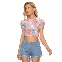 Anthurium Plumeria Lei Pastel Raglan Cropped T Shirt Pink Hawaiian Splendid Palaka LT01 Female Pink - Polynesian Pride
