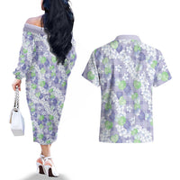 Anthurium Plumeria Lei Pastel Couples Matching Off The Shoulder Long Sleeve Dress and Hawaiian Shirt Purple Hawaiian Splendid Palaka